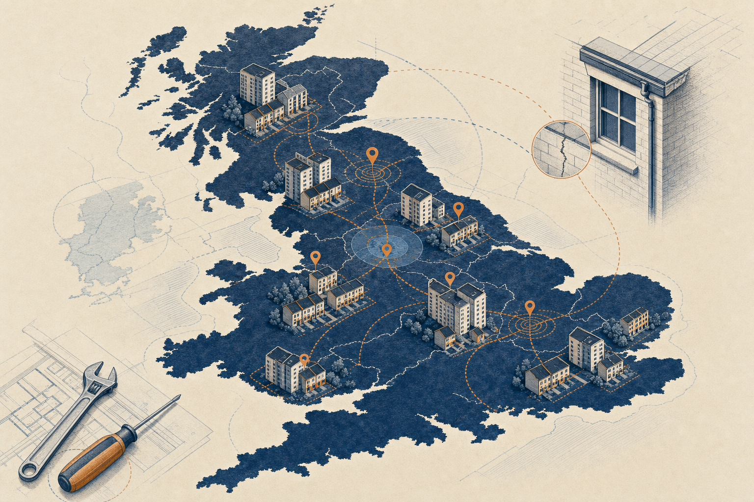 Stylised illustration of a UK map with housing blocks, route lines, and location markers representing social housing maintenance contract planning.